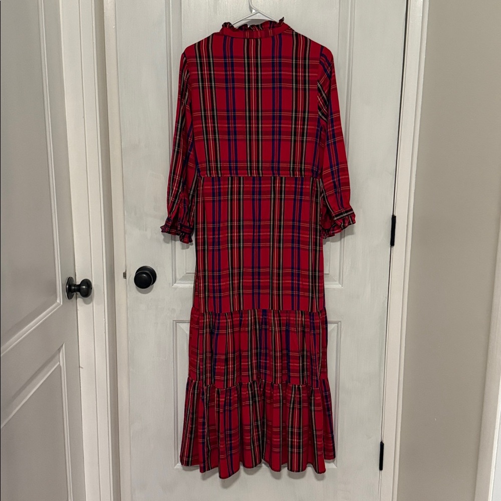 Red Plaid Maxi Dress with Button Front